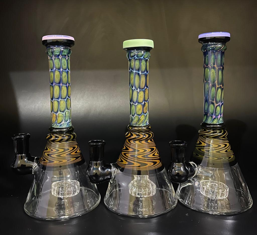 8" Handmade Glass Beaker Bong w/ Fumed & Wig-Wag Accents